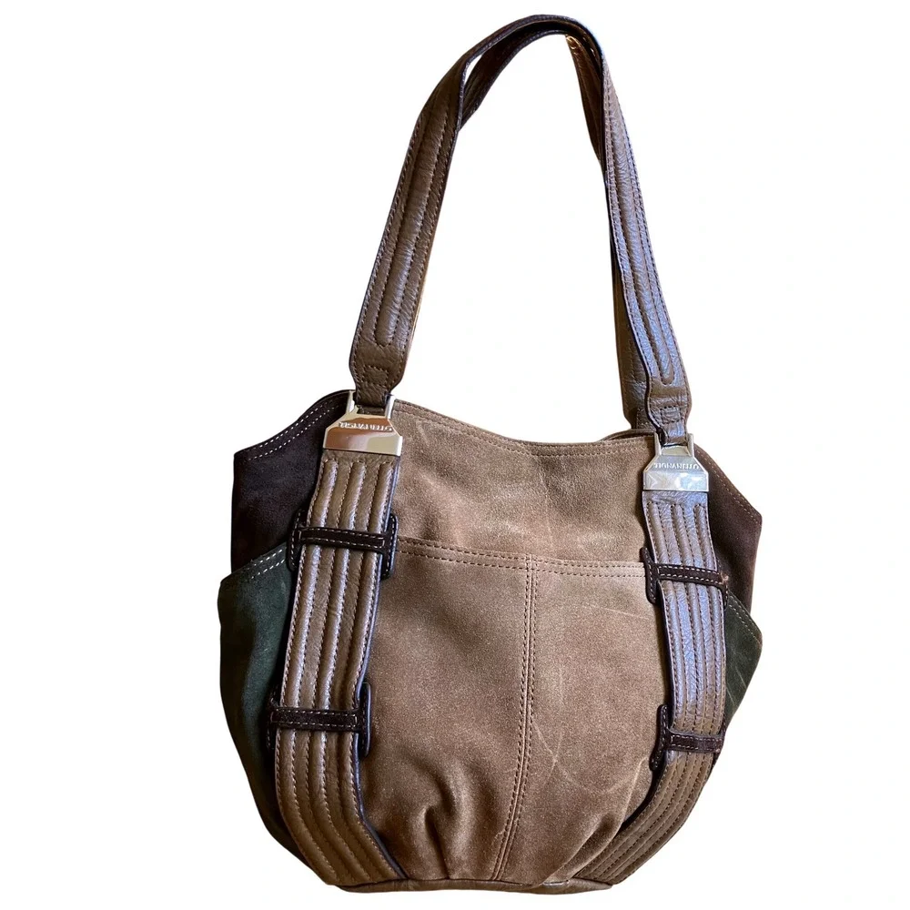 Vtg Tignanello Brown Leather‎ Suede Hobo Shoulder Bag Floral Paisley Lining